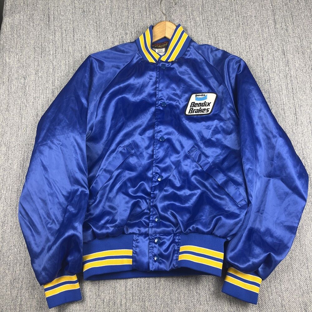 Vtg 80s Dunbrooke Pla-Jac Satin Bomber Jacket Bendix Brakes Blue Gold Medium